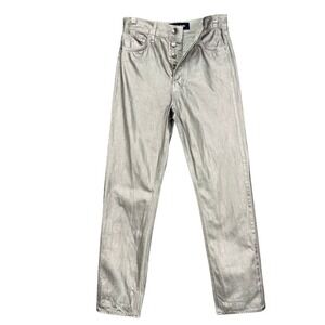 Veronica Beard Jeans 26‎ Silver Daniela Straight Metallic High Rise Button Fly